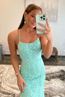 Load image into Gallery viewer, Mint Spaghetti Straps Appliques Prom Dress