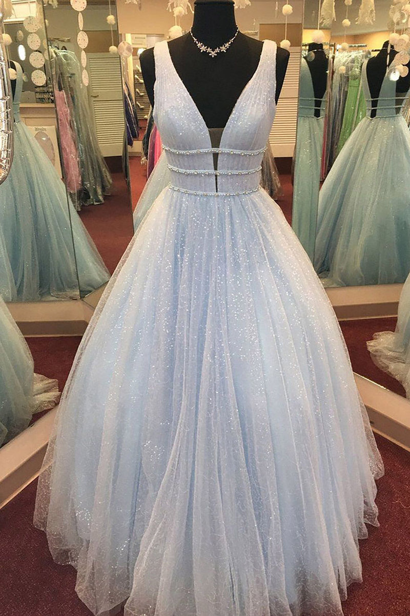 Load image into Gallery viewer, Glitter Deep V-Neck Light Blue Long Prom Dress