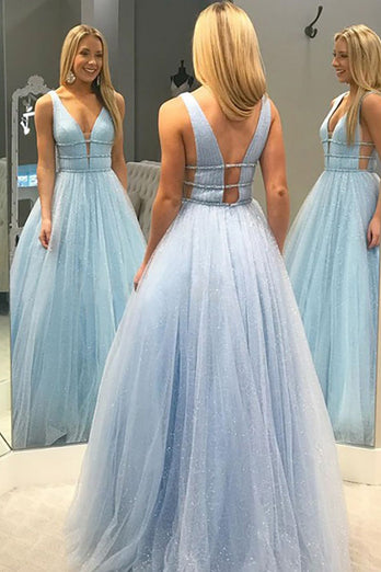 Glitter Deep V-Neck Light Blue Long Prom Dress