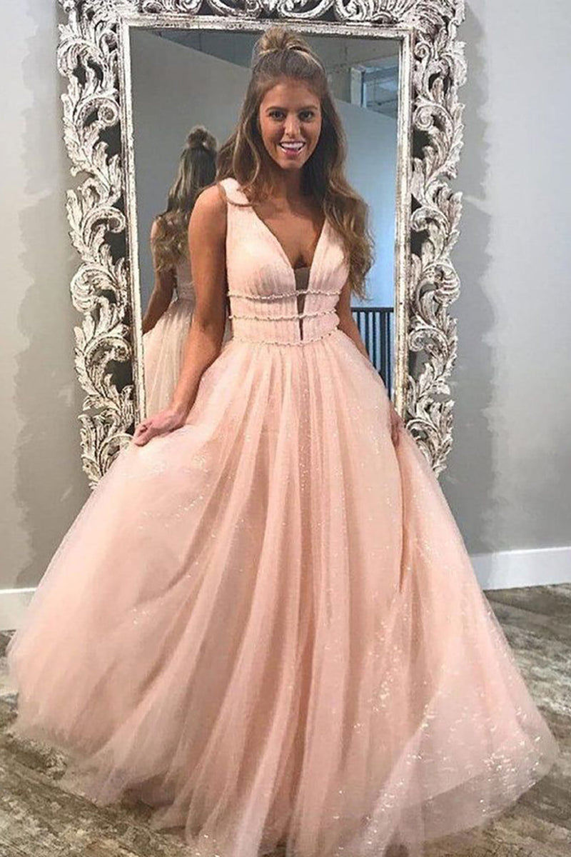 Load image into Gallery viewer, Glitter Deep V-Neck Light Blue Long Prom Dress