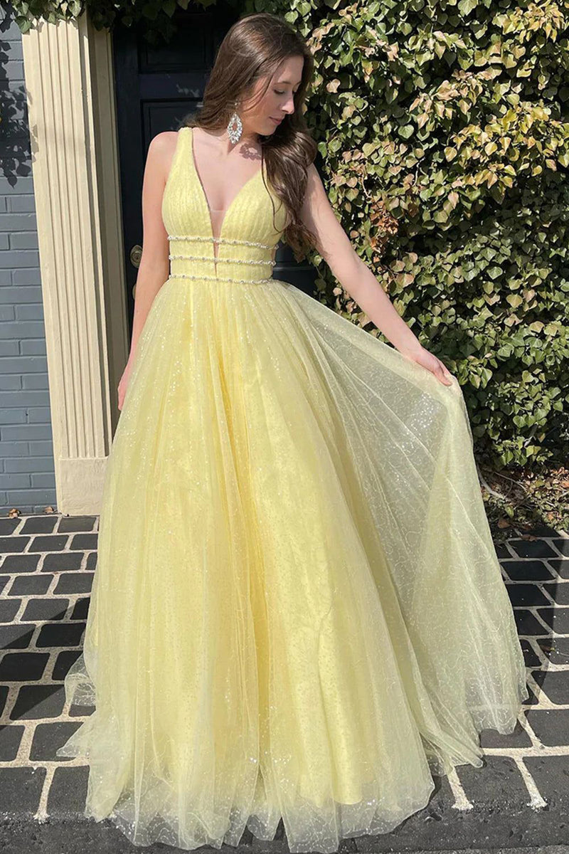 Load image into Gallery viewer, Glitter Deep V-Neck Light Blue Long Prom Dress