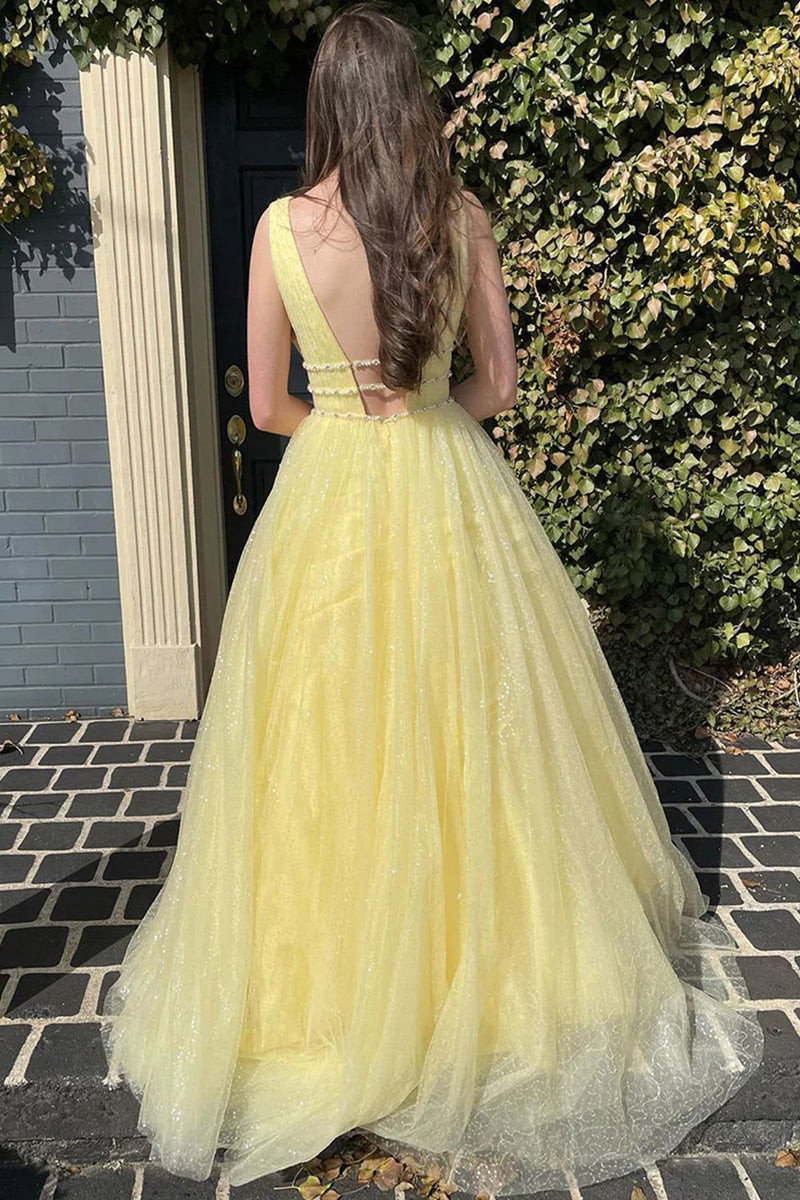 Load image into Gallery viewer, Glitter Deep V-Neck Light Blue Long Prom Dress
