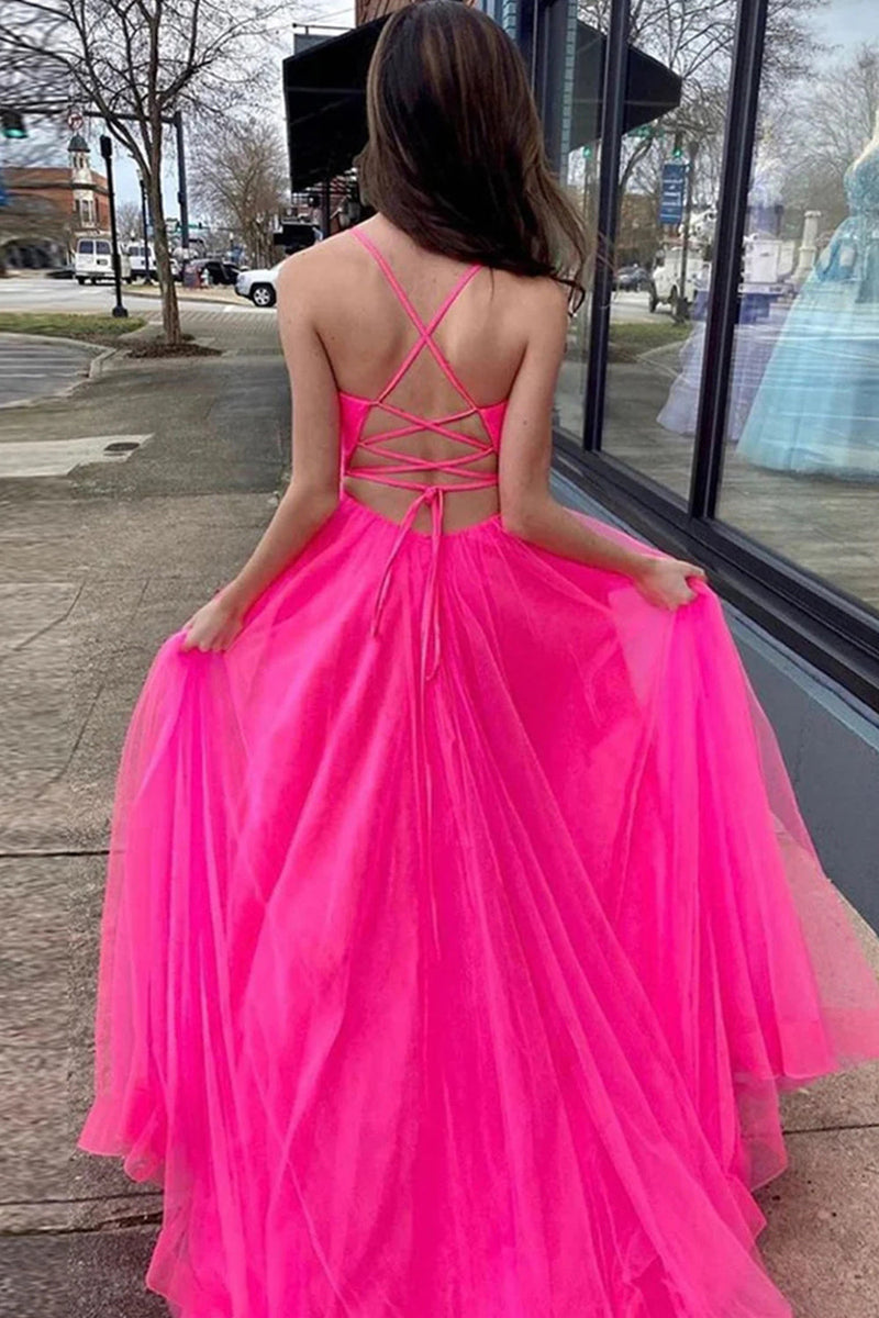 Load image into Gallery viewer, Hot Pink A-Line Tulle Long Prom Dress with Pockets