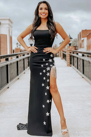 Black Sheath Prom Dress with Stars and Fringes
