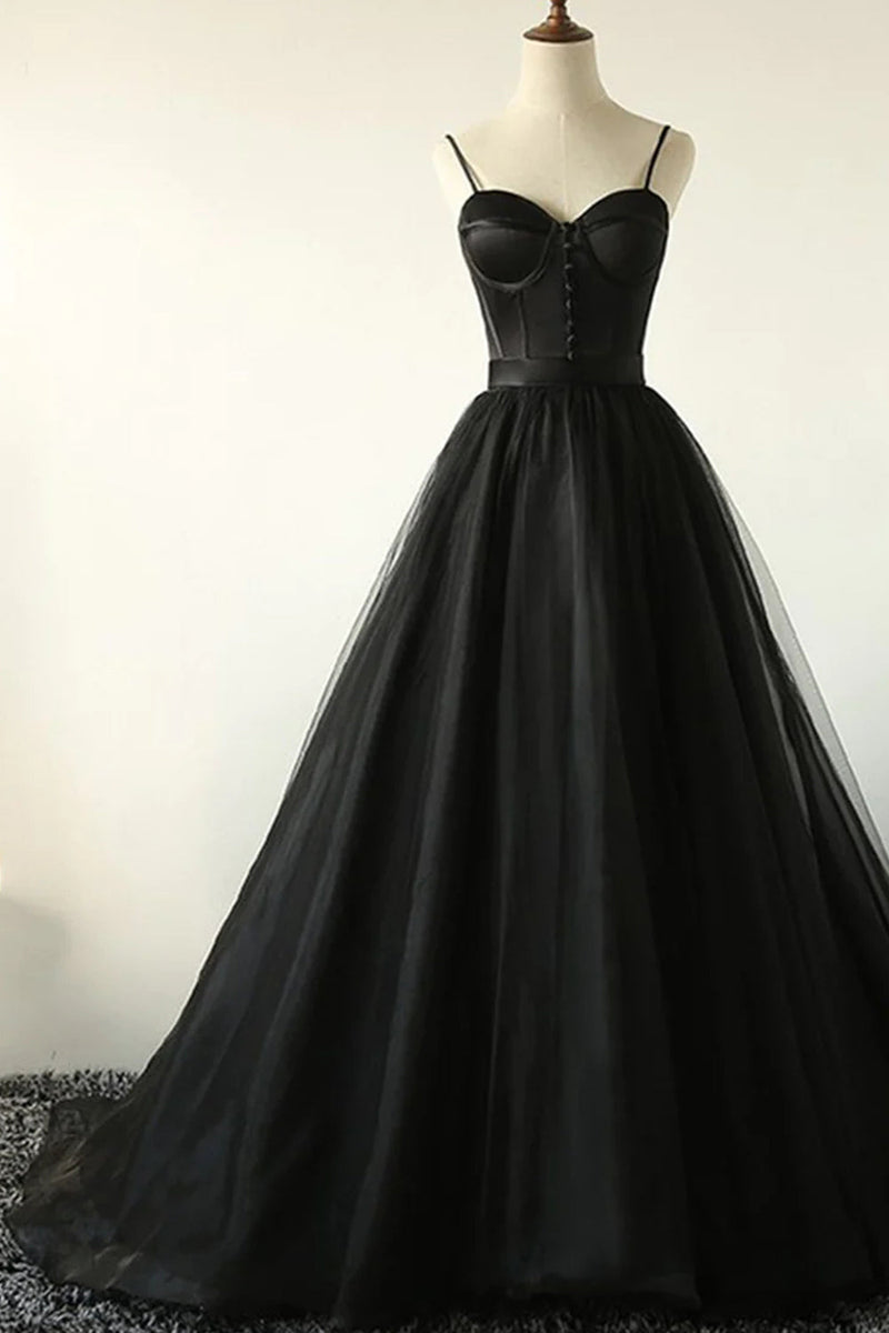Load image into Gallery viewer, Black Corset A-Line Tulle Long Prom Dress