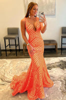 Load image into Gallery viewer, Fuchsia Deep V Neck Sequin Mermaid Prom Dress