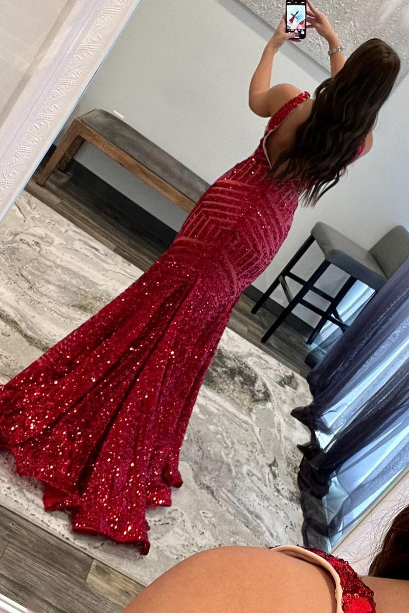 Load image into Gallery viewer, Fuchsia Deep V Neck Sequin Mermaid Prom Dress