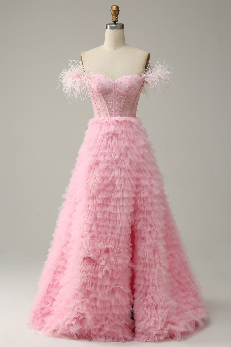 Load image into Gallery viewer, Princess A Line Off the Shoulder Pink Long Prom Dress with Feather