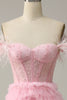 Load image into Gallery viewer, Princess A Line Off the Shoulder Pink Long Prom Dress with Feather