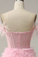 Load image into Gallery viewer, Princess A Line Off the Shoulder Pink Long Prom Dress with Feather