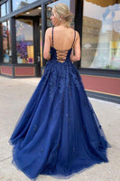 Load image into Gallery viewer, A-Line Spaghetti Straps Navy Long Prom Dress with Appliques