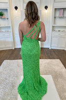 Load image into Gallery viewer, Light Blue One Shoulder Sequins Prom Dress