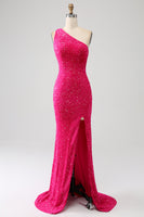 Load image into Gallery viewer, Sparkly Orange Mermaid One Shoulder Sequins Prom Dress with Slit
