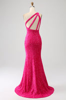 Load image into Gallery viewer, Sparkly Orange Mermaid One Shoulder Sequins Prom Dress with Slit