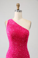 Load image into Gallery viewer, Sparkly Orange Mermaid One Shoulder Sequins Prom Dress with Slit