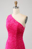 Load image into Gallery viewer, Sparkly Orange Mermaid One Shoulder Sequins Prom Dress with Slit