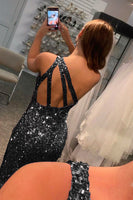 Load image into Gallery viewer, Glitter Black Sequins Long Prom Dress with Slit
