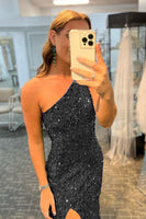 Load image into Gallery viewer, Glitter Black Sequins Long Prom Dress with Slit