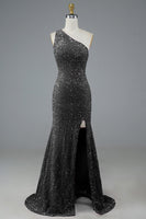 Load image into Gallery viewer, Glitter Black Sequins Long Prom Dress with Slit