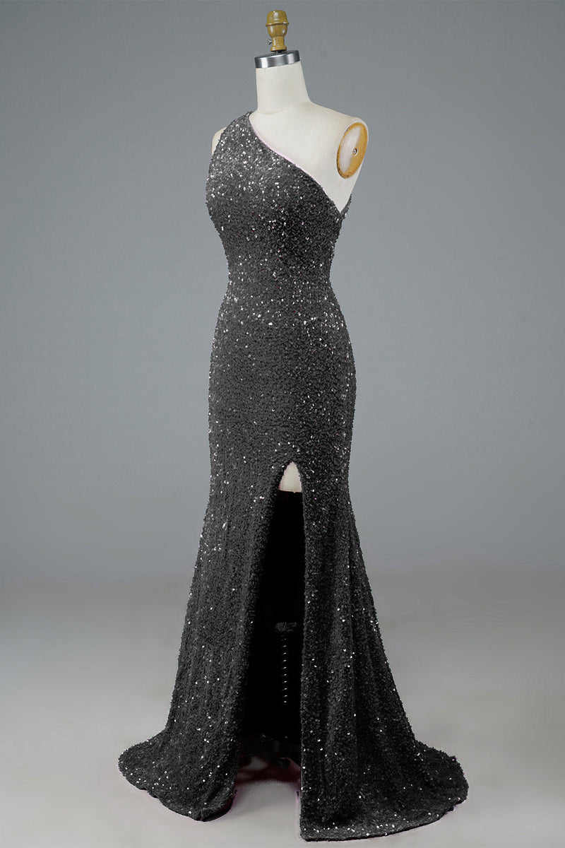 Load image into Gallery viewer, Glitter Black Sequins Long Prom Dress with Slit