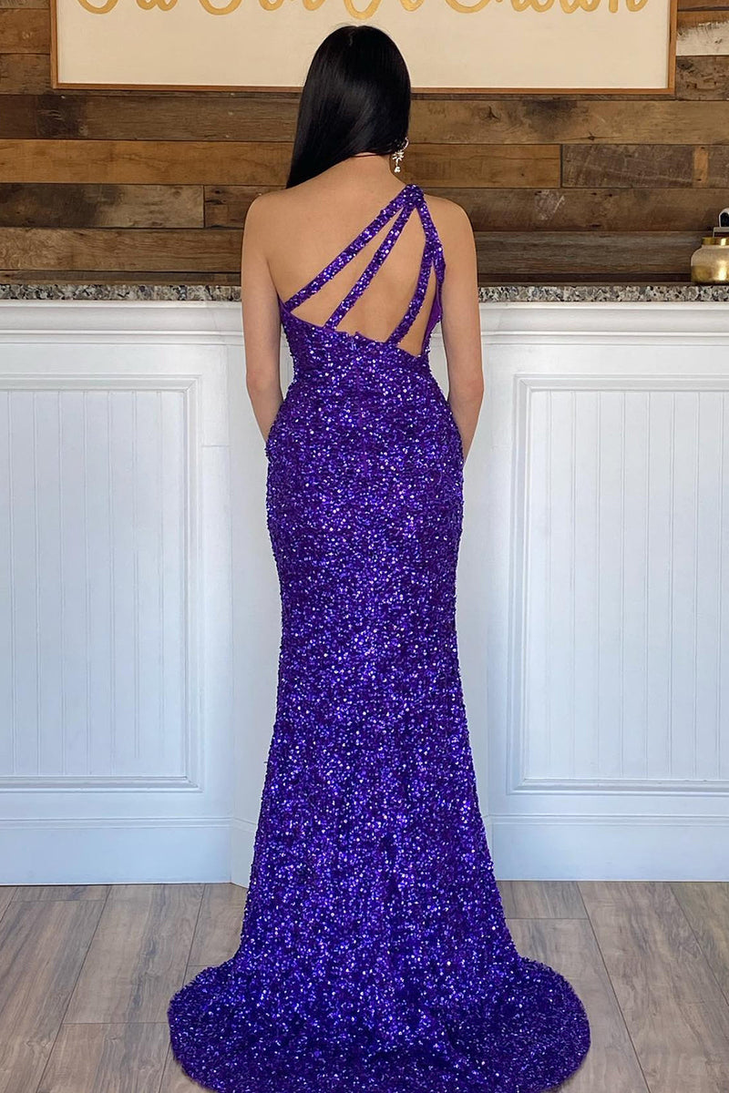 Load image into Gallery viewer, Light Blue One Shoulder Sequins Prom Dress