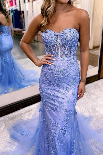 Light Purple Sweetheart Lace-Up Long Mermaid Prom Dress with Appliques