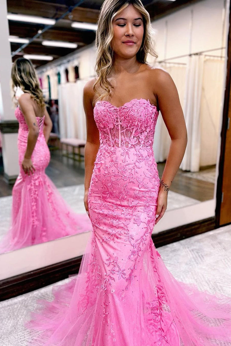 Load image into Gallery viewer, Coral Sweetheart Lace-Up Long Mermaid Prom Dress with Appliques