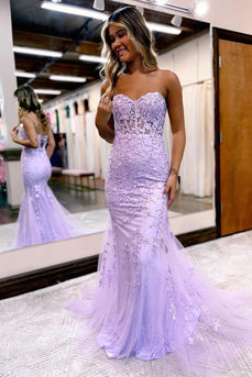 Purple Strapless Prom Dress with Appliques