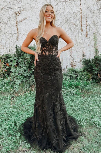 Black Strapless Prom Dress with Appliques_1
