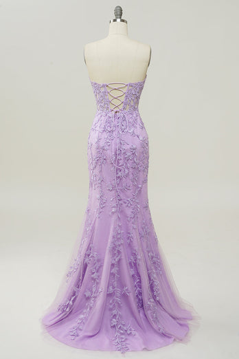 Light Purple Sweetheart Lace-Up Long Mermaid Prom Dress with Appliques