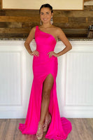 Load image into Gallery viewer, One Shoulder Hot Pink Prom Dress with Slit