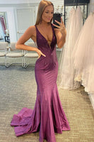 Load image into Gallery viewer, Beading V-neck Purple Mermaid Prom Dress