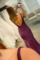 Load image into Gallery viewer, Beading V-neck Purple Mermaid Prom Dress