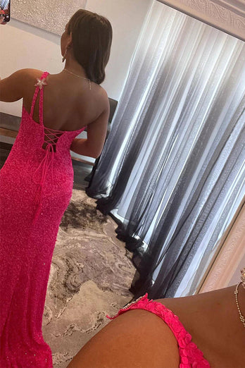 Sparkly Mermaid Hot Pink Stars Sequins Prom Dress