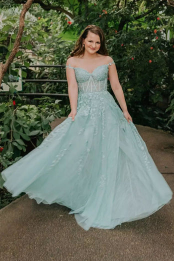 Light Green Off the Shoulder Prom Dress with Appliques