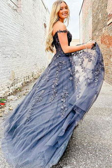 Charcoal Off the Shoulder Prom Dress with Appliques