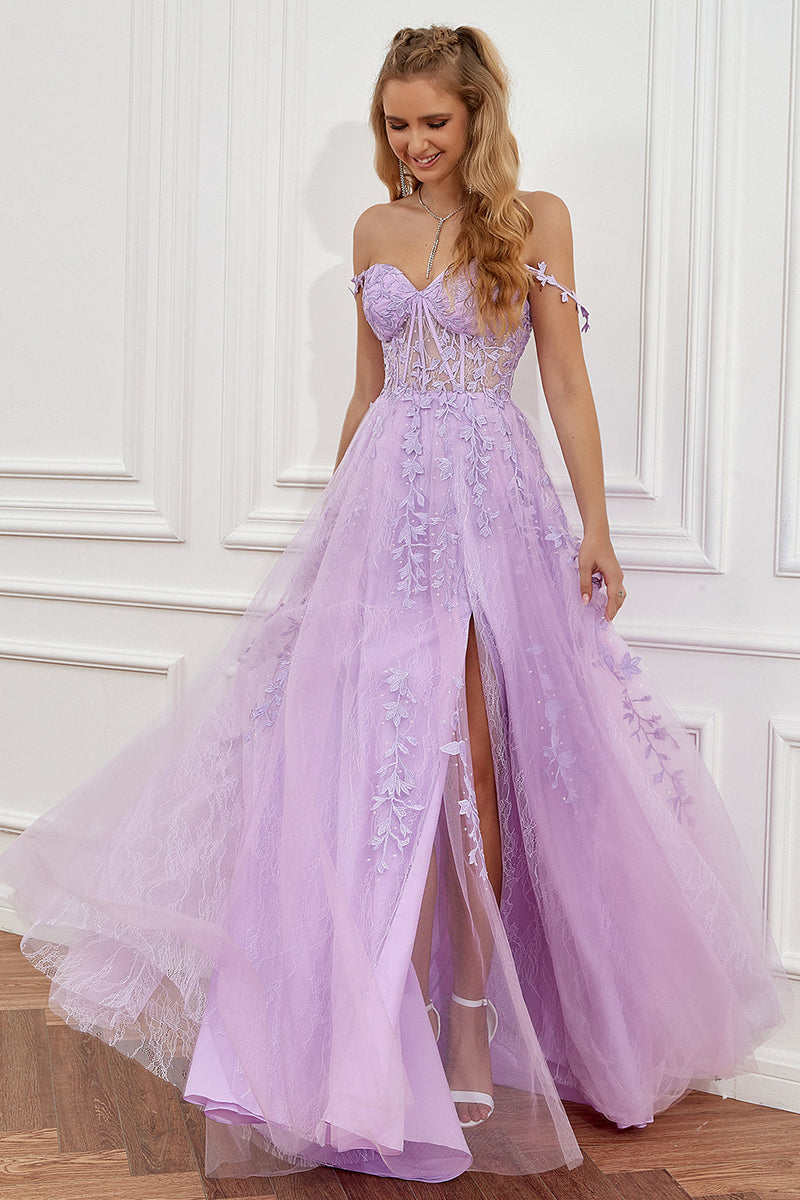Load image into Gallery viewer, Purple Off the Shoulder Long Prom Dress with Appliques