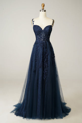 Navy Off the Shoulder Long Prom Dress with Appliques