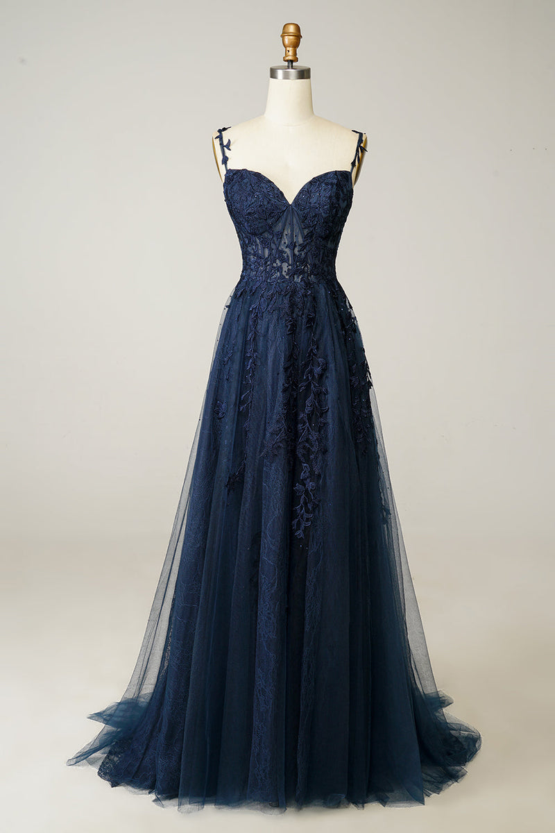 Load image into Gallery viewer, Navy Off the Shoulder Long Prom Dress with Appliques