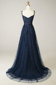 Navy Off the Shoulder Long Prom Dress with Appliques