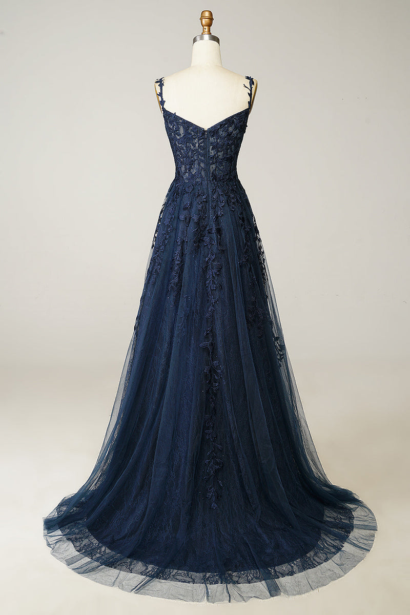 Load image into Gallery viewer, Navy Off the Shoulder Long Prom Dress with Appliques