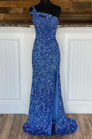 Load image into Gallery viewer, Sheath One Shoulder Fuchsia Sequins Long Prom Dress