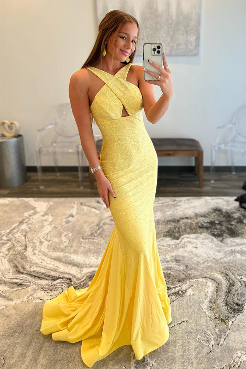 Load image into Gallery viewer, Yellow Halter Mermaid Prom Dress