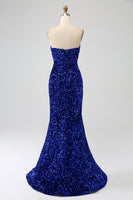 Load image into Gallery viewer, Royal Blue Mermaid Strapless Sequins Long Prom Dress With Slit