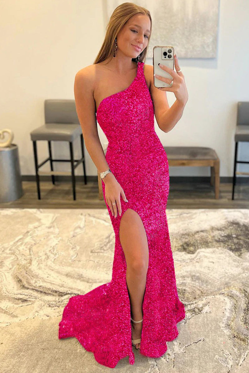 Load image into Gallery viewer, Sheath One Shoulder Red Sequins Prom Dress with Slit
