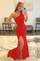 Load image into Gallery viewer, Sheath One Shoulder Red Sequins Prom Dress with Slit