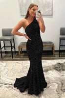 Load image into Gallery viewer, Mermaid One Shoulder Black Sequins Prom Dress