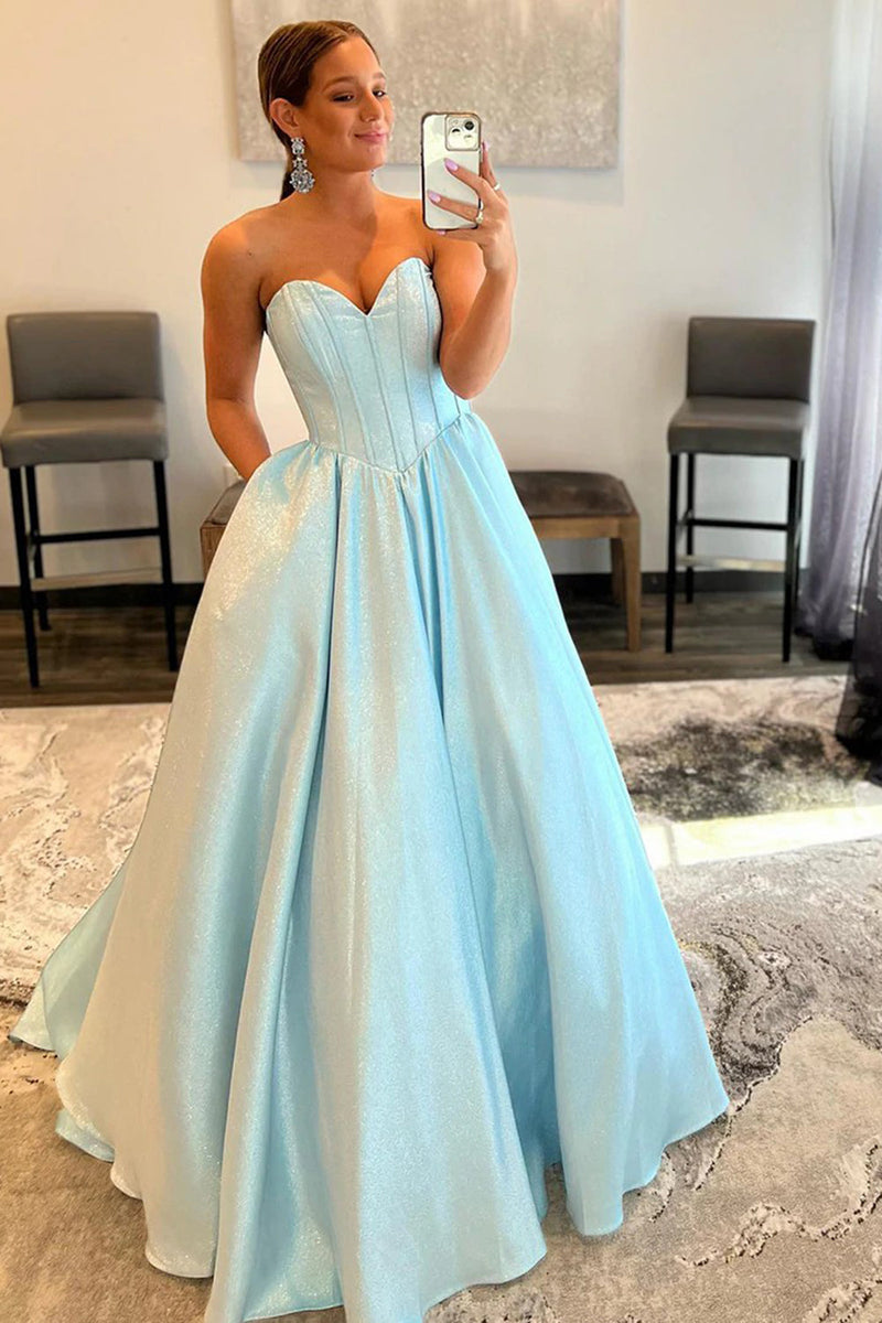 Load image into Gallery viewer, A-Line Sweetheart Strapless Blue Long Prom Dress