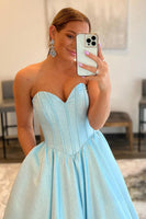 Load image into Gallery viewer, A-Line Sweetheart Strapless Blue Long Prom Dress