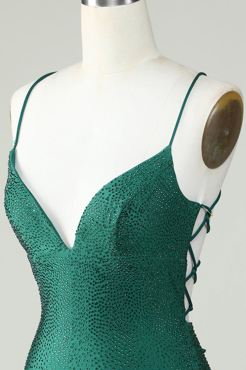 Load image into Gallery viewer, Sheath Spaghetti Straps Dark Green Short Prom Dress with Beading